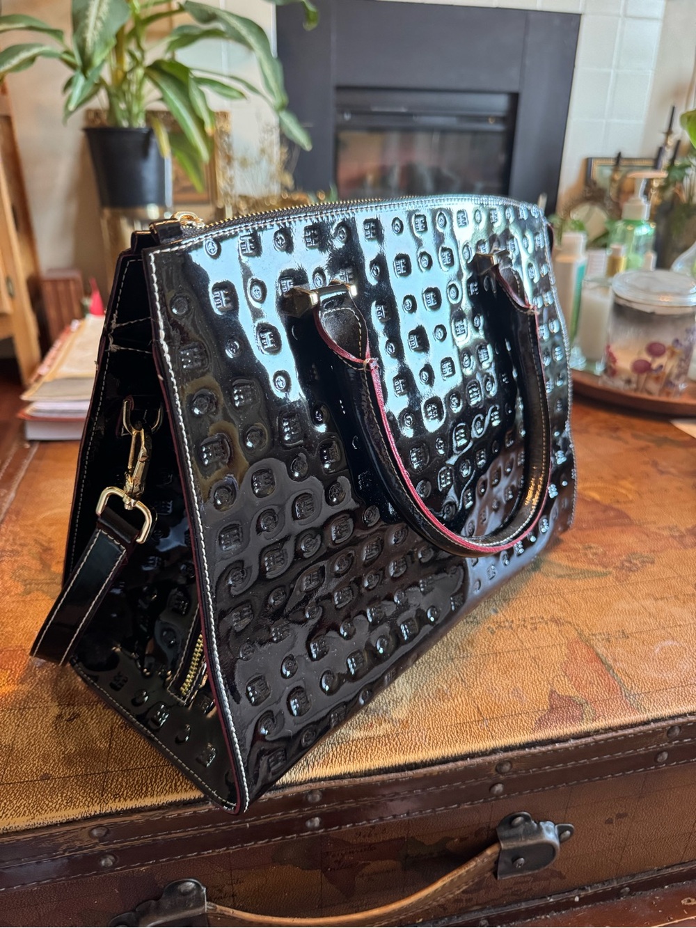 Arcadia Black Patent Satchel with Embossed Texture